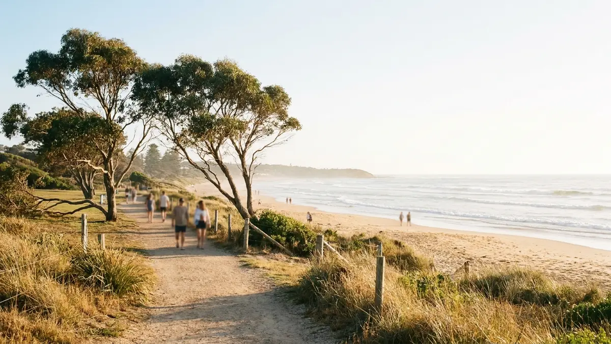 A sunny Australian beach and grassy coastal park on a clear day, with people enjoying the waterfront.