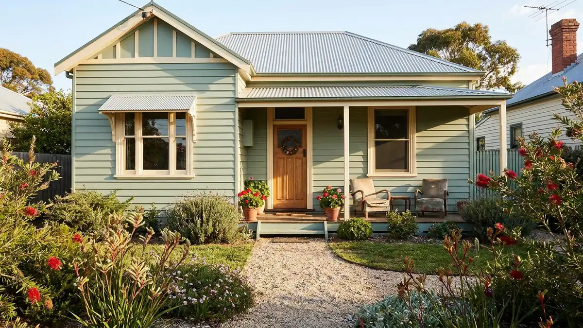 A charming first-home weatherboard cottage with a tidy garden on a sunny day