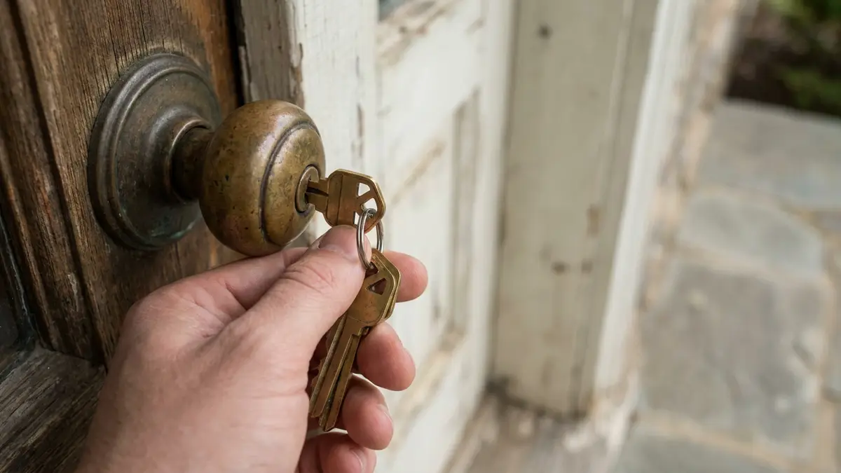 Close-up of house keys sitting in a front door lock