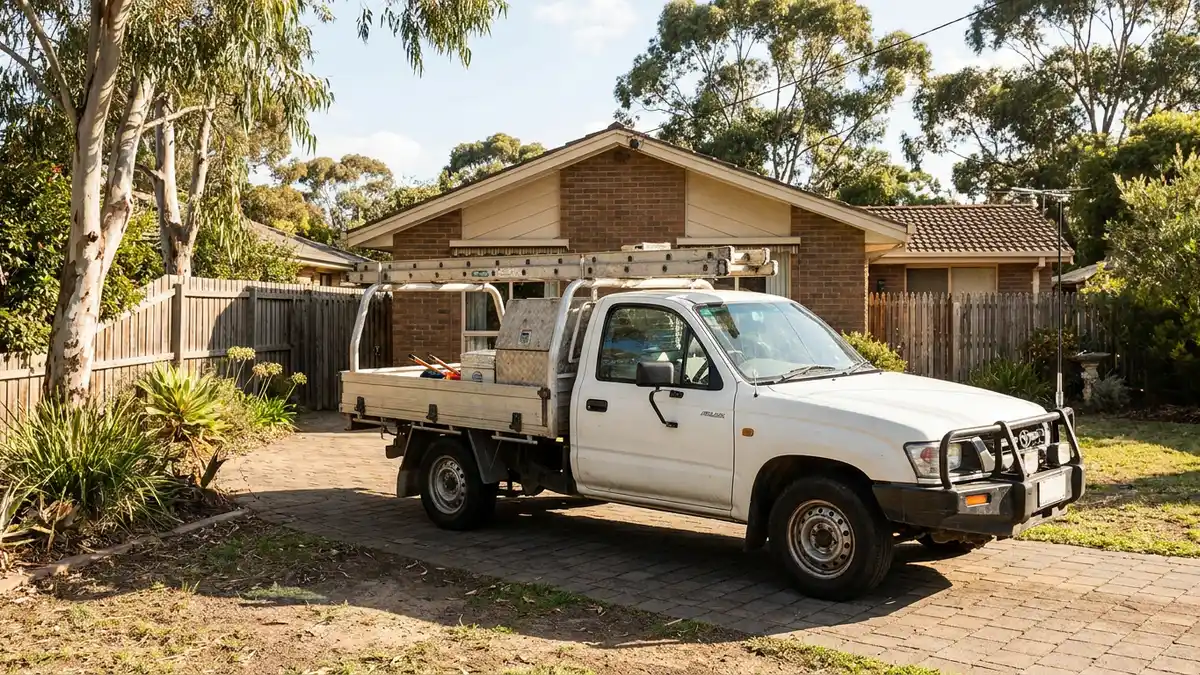 A tradesperson's work ute parked in a quiet Newcastle suburban driveway, no people in view