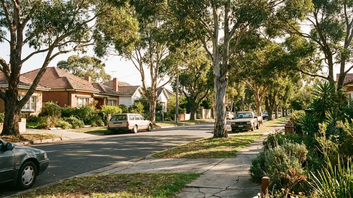 A quiet leafy Australian suburban street on a sunny day