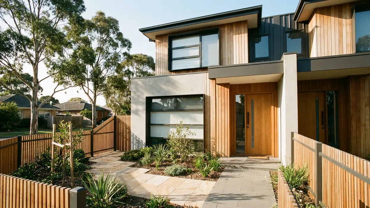 Exterior of a modern Australian townhouse with a tidy front garden on a sunny day