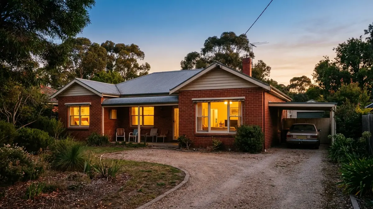 A suburban Australian house at dusk with warm window lights glowing