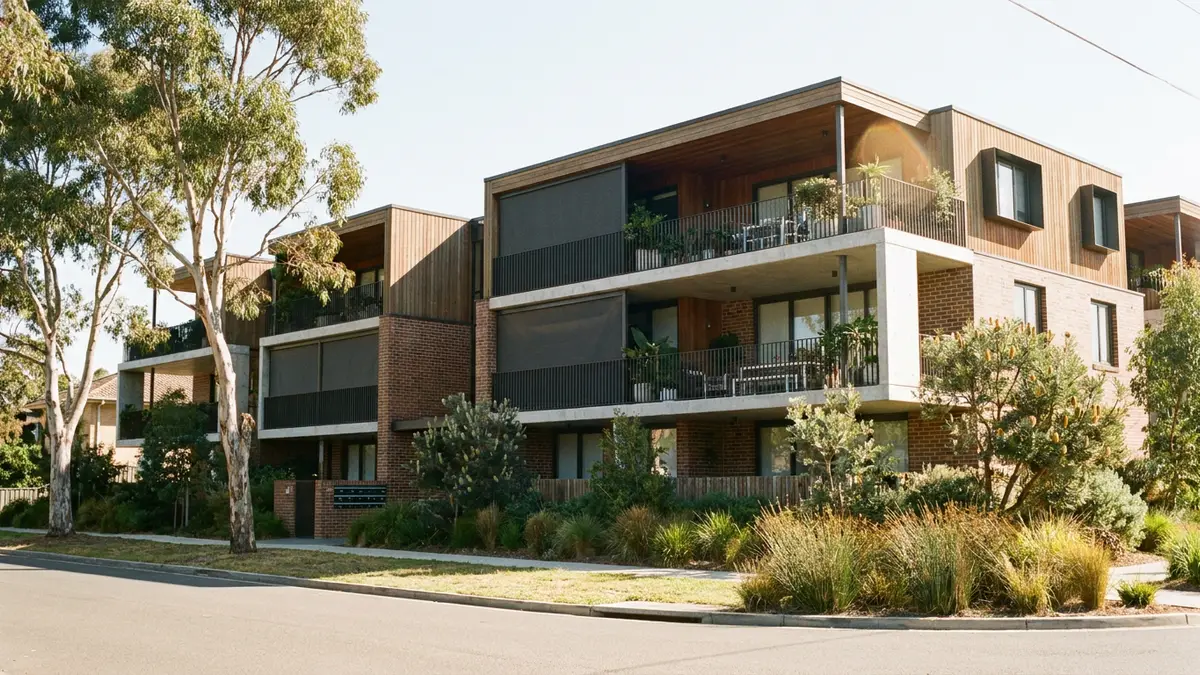 Exterior of a modern Australian apartment block with balconies on a sunny day