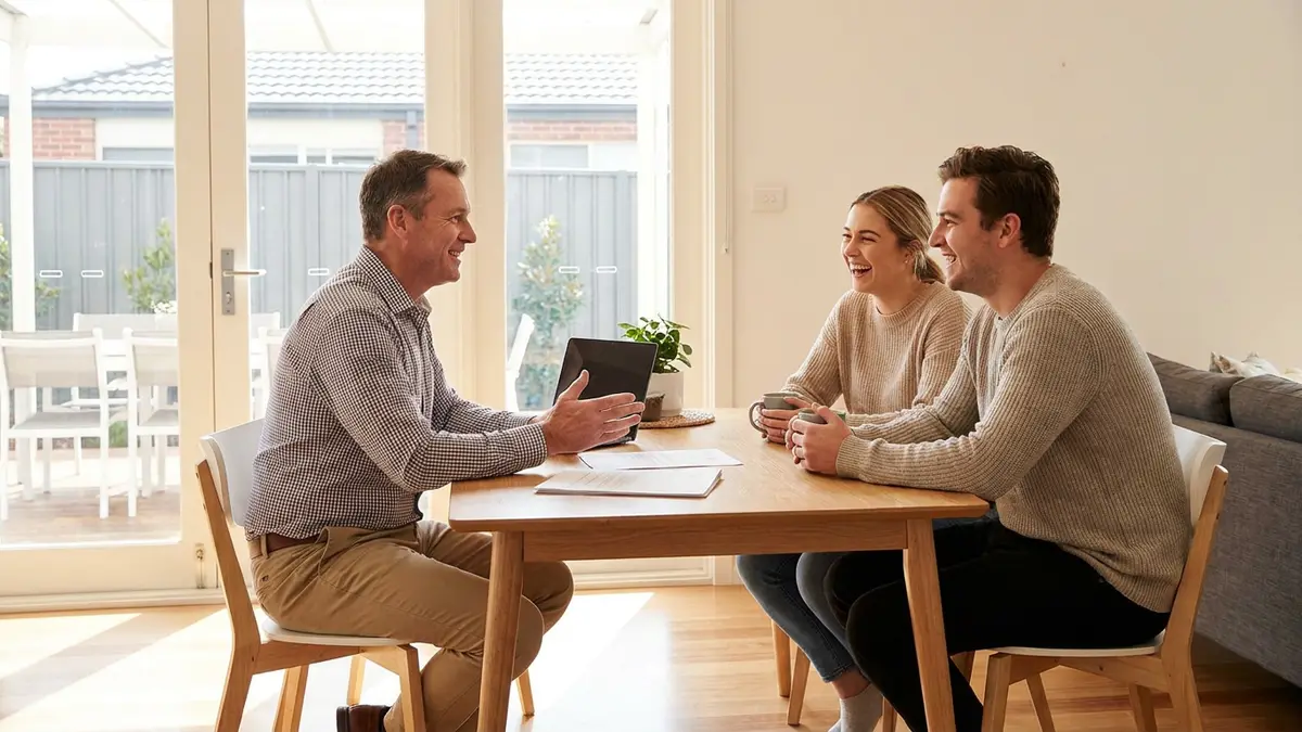 A friendly mortgage broker chatting with a young couple at home