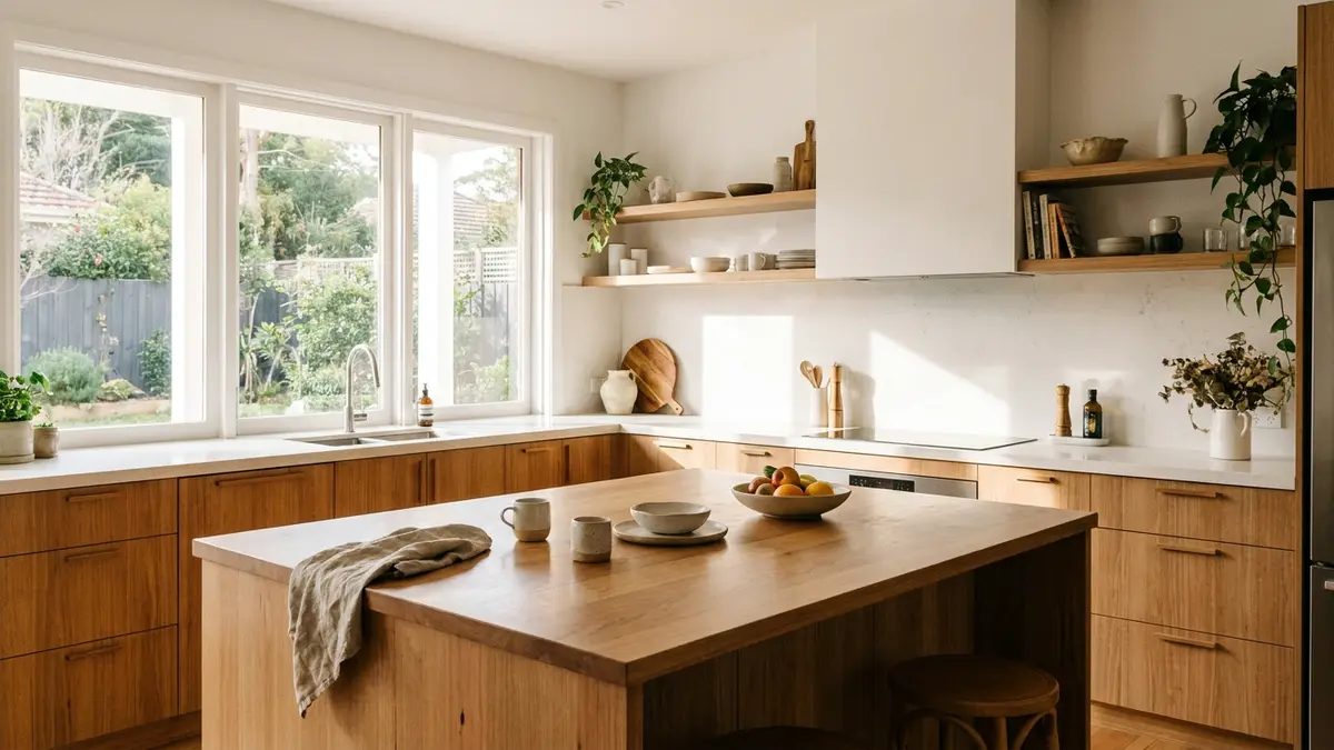 A bright modern Australian kitchen interior with timber benchtops and morning light