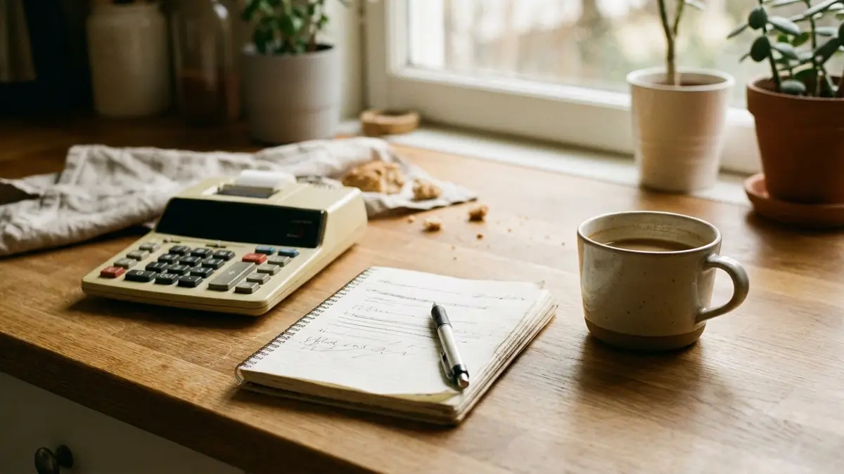A calculator, a notepad and a cup of coffee on a kitchen table