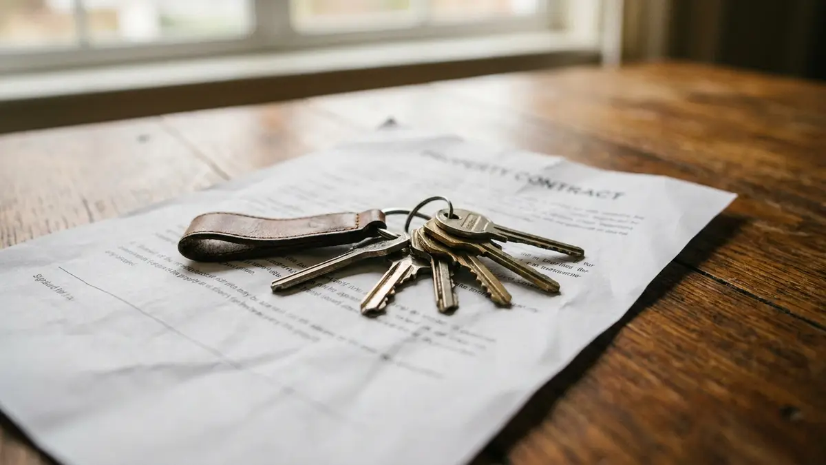 House keys resting on a paper property contract on a timber table