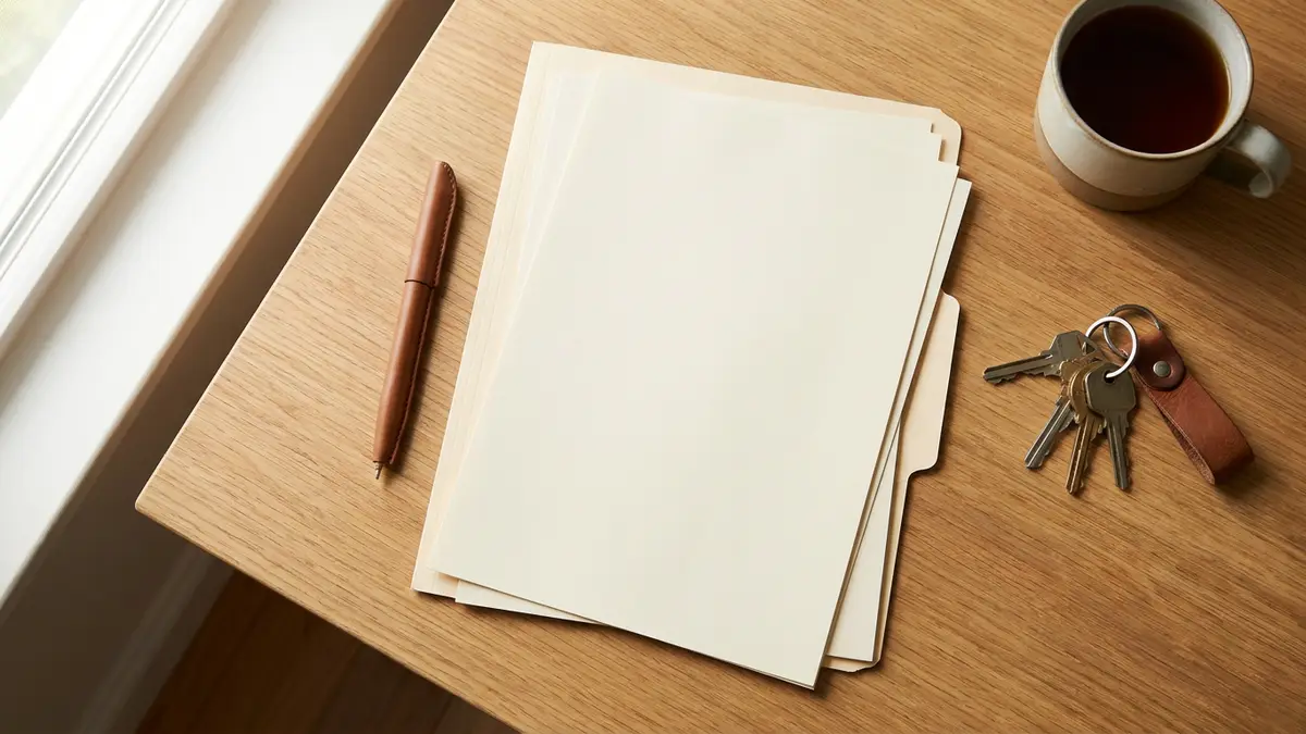 A tidy desk flat-lay with a pen, loan documents and a set of house keys